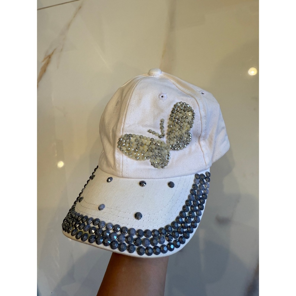 White Rhinestone Butterfly Studded Baseball Cap Adjustable Hat